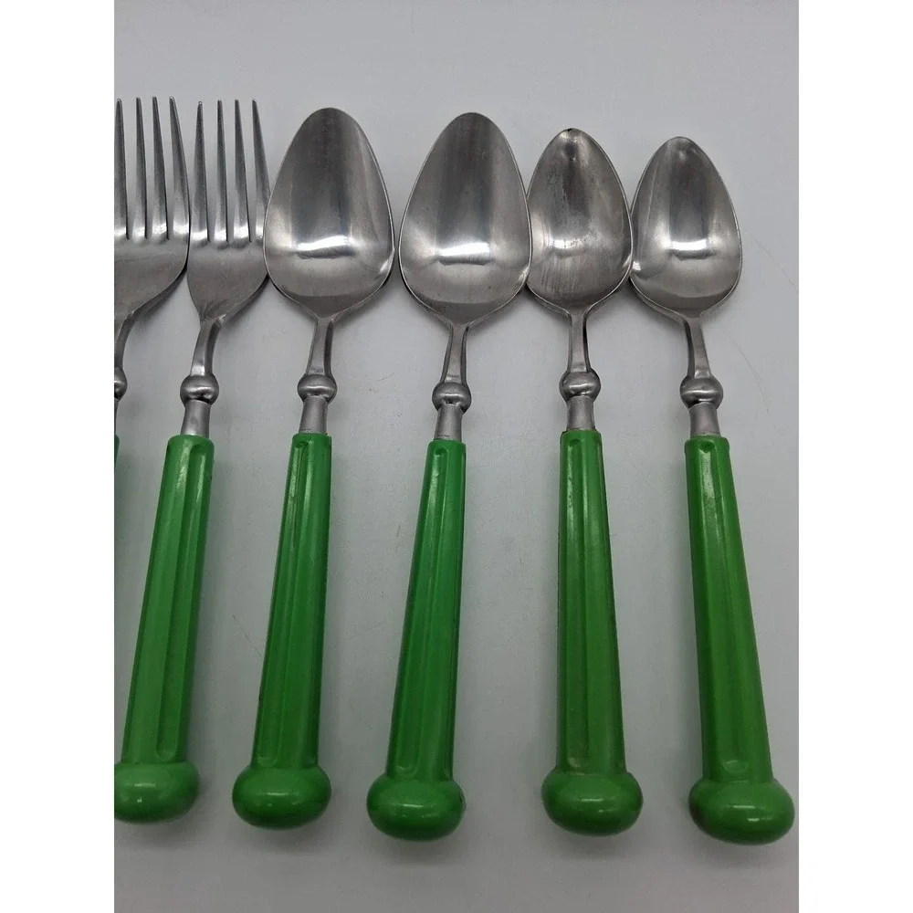 6 Piece Vintage Oxford Hall Oval Soup Spoon & Fork Lime Green Japan